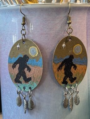 Handpainted Sasquatch Scene Brass Earrings with Feather Charms
